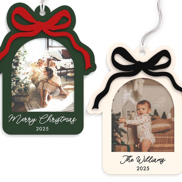 Acrylic Bow Photo Frame Christmas Ornament, Personalized Photo Ornament, Custom Christmas Picture Keepsake