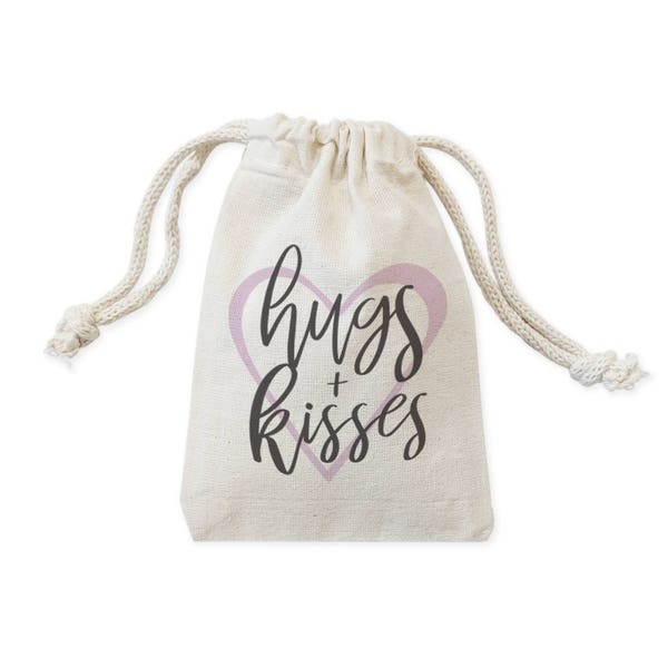 Hugs and Kisses Cotton Canvas Wedding Party Favor Bags, Cookie, Candy and Treat Bag and Drawstring Pouch, Home Decor, Gifts for Her, 6-Pack
