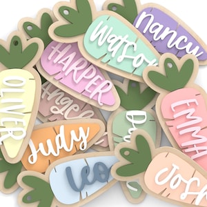 May include: A collection of wooden carrot-shaped name tags in various pastel colors, including yellow, pink, and blue. Each tag features a different name in white script, such as "Oliver," "Emma," and "Josh." The tags have green leafy tops.