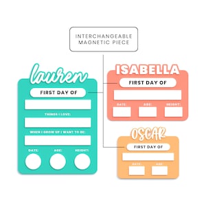 May include: Two turquoise and two orange personalized first day of signs with the names Lauren, Isabella, and Oscar. Each sign has spaces to fill in the date, age, height, and things they love.