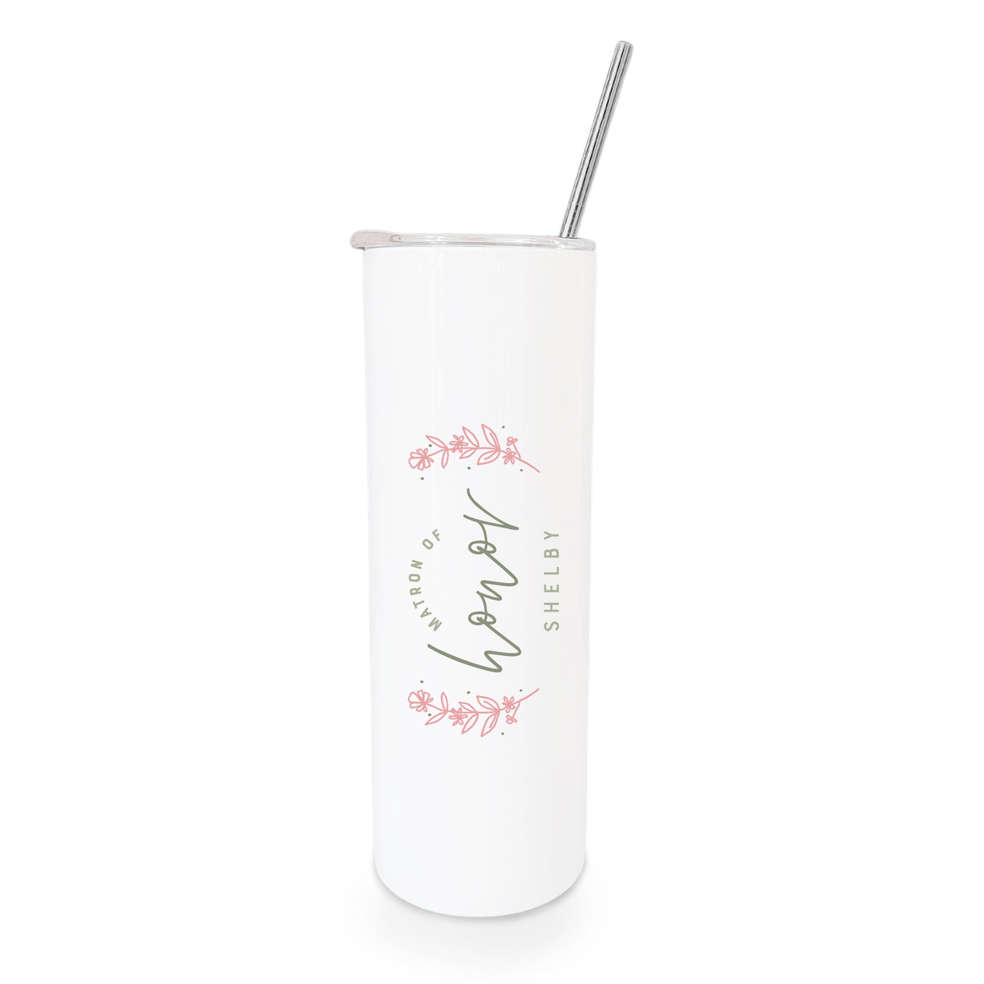 Personalized Floral Matron of Honor Insulated Skinny Stainless Steel Tumbler with Metal Straw, Bridal Party Tumbler, Proposal Box (20 Ounce)