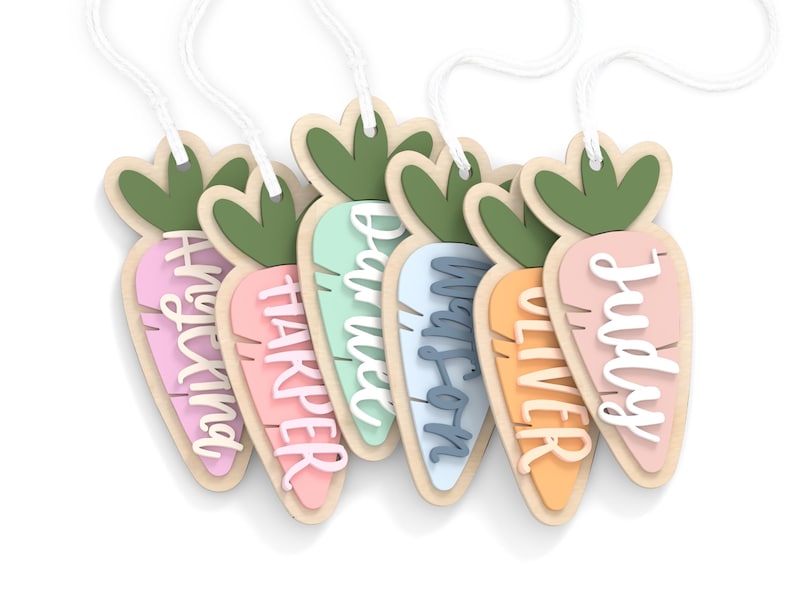 Op de afbeelding: Zes houten wortelvormige labels met namen: Hayking, Harper, Barrett, Watson, Oliver en Judy. Elk label heeft een groene bladtop en een pastelkleurig wortellichaam. Witte draad is bevestigd om op te hangen.