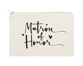 Matron of Honor Cotton Canvas Wedding Cosmetische Tas, Toiletry Bag en Travel Make-up Pouch, Bruidsfeest Cadeau, Geschenken voor haar, Party Favors
