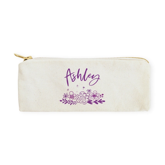 Buy Personalized Name Purple Floral Cotton Canvas Pencil Case and