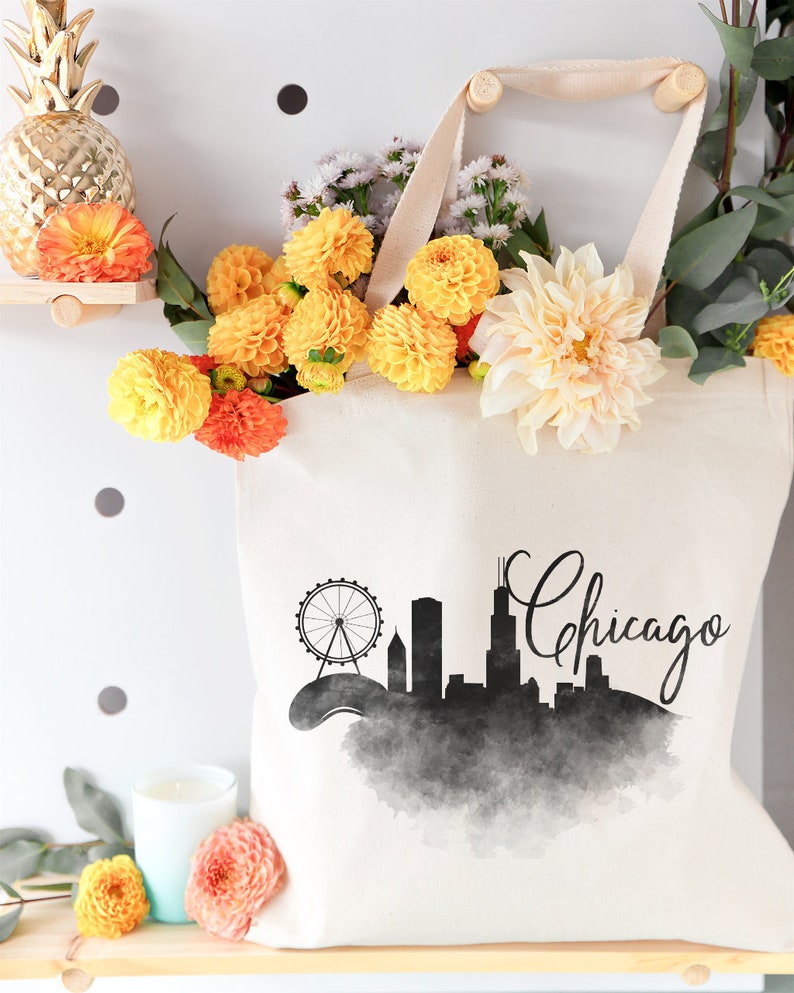 Chicago Cotton Canvas Cityscape, Beach, Shopping and Travel Reusable Shoulder Tote and Handbag, Farmers Market, Gifts, Travel Souvenir image 3