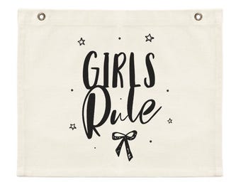Girls Rule Rectangle Canvas Banner and Wall Decor for Kid's Room, Nursery, Home Decor, Baby Shower, Newborn, Custom, Baby Girl, Playroom