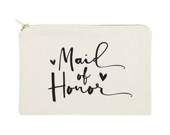 Maid of Honor Cotton Canvas Wedding Cosmetische Tas, Toiletry Bag en Travel Make-up Pouch, Bruidsfeest Cadeau, Geschenken voor haar, Party Favors, Cadeau