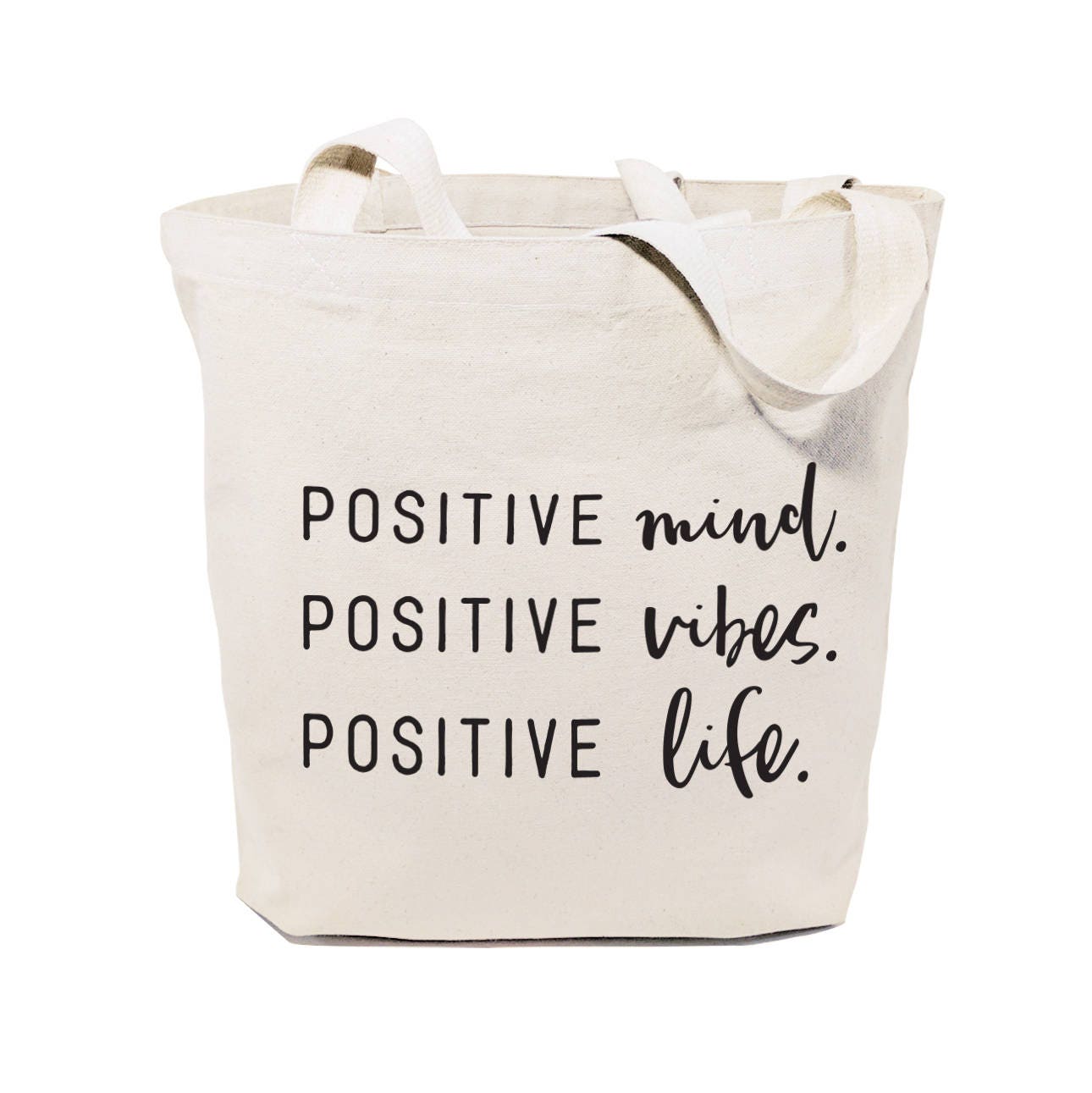Positive Vibes. Positive Life. Cotton Canvas Gym, Yoga, Shopping Travel Reusable Shoulder Tote and Handbag, Motivational Gift, Yoga Bag