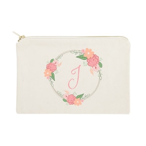 Personalized Colored Monogram Floral Cotton Canvas Cosmetic Bag and Travel Make Up Pouch - Bridesmaid Gift, Wedding Favor, Gifts for Her