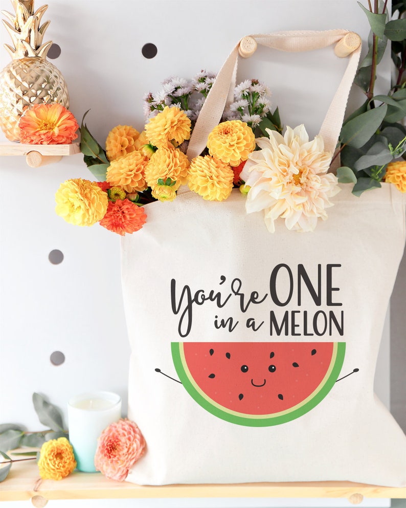 You're One in a Melon Cotton Canvas Reusable Grocery Bag and Farmers Market Tote Bag, Food Pun, Funny, Cute Women's Gift, Valentine's Day image 3