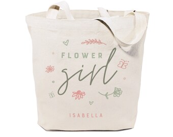 Floral Flower Girl Personalized Cotton Canvas Wedding, Beach, Shopping and Travel Reusable Shoulder Tote and Handbag, Gifts, Bridal Party