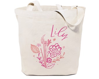 Personalized Name Pink Floral Cotton Canvas Beach, Shopping and Travel Reusable Shoulder Tote and Handbag, Wedding, Bridesmaid Gift, Custom