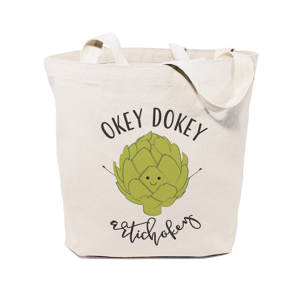 Okey Dokey Artichauty Cotton Canvas Reusable Grocery Bag and Farmers Market Tote Bag, Food Pun, Shopping, Funny Women’s Gift, Cute Bag, DIY