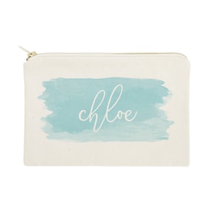 Personalized Name Blue Watercolor Cotton Canvas Cosmetic Bag and Travel Make Up Pouch - Bridesmaid Gift, Wedding, Cute Gift, Mother&#39;s Day
