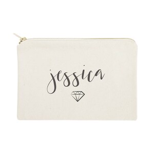 Personalized Name with Diamond Cotton Canvas Cosmetic Bag and Travel Make Up Pouch - Bridesmaid Gift, Wedding Favor, Gifts for Her, Gift