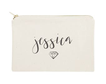 Personalized Name with Diamond Cotton Canvas Cosmetic Bag and Travel Make Up Pouch - Bridesmaid Gift, Wedding Favor, Gifts for Her, Gift