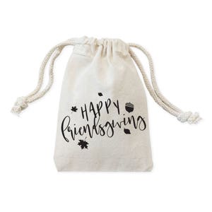 Happy Friendsgiving Cotton Canvas Thanksgiving Party Favor Bags, Cookie, Candy and Holiday Treat Bag and Drawstring Pouch, Decor, 6-Pack image 1