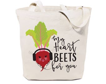 My Heart Beets for You Cotton Canvas Reusable Grocery Bag and Farmers Market Tote Bag, Food Pun, Funny, Women's Gift, Valentine's Day