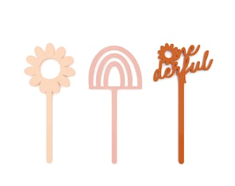 Boho Daisy Acrylic Cupcake Toppers, Isn't She Onederful, First Birthday, Girl's 1st Birthday, Retro Groovy, Party Decor, Rainbow, Set of 12