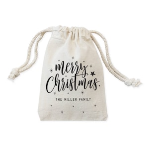Personalized Merry Christmas with Last Name Cotton Canvas Holiday Party Favor Bags, Candy and Holiday Treat Bag and Drawstring Pouch, 6-Pack