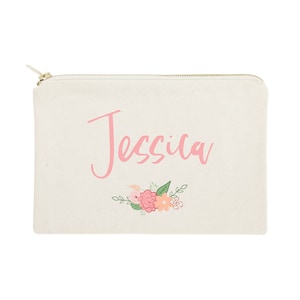 Personalized Colored Name Floral Cotton Canvas Cosmetic Bag and Travel Make Up Pouch, Bridesmaid Gift, Wedding Favor, Gifts for Her, Unique