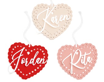 Personalized Name Heart Doily Gift Tag, Valentine's Day Gift Basket Gift Tag, Acrylic Gift Tag, Galentine, Bow, Basket Marker, Scallop, Lace