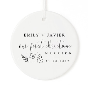 Our First Christmas Married with Name and Date Porcelain Ceramic Christmas Ornament, Wedding Ornament, Miss to Mrs., Couples Gift, Bride