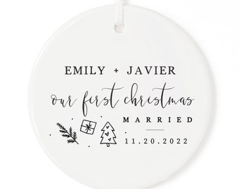Our First Christmas Married with Name and Date Porcelain Ceramic Christmas Ornament, Wedding Ornament, Miss to Mrs., Couples Gift, Bride