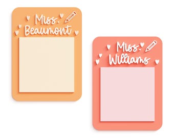 May include: Two rectangular sticky note holders in shades of orange and coral. Each holder has a square sticky note pad. One says "Miss. Beaumont" and the other says "Miss. Williams" in white script, with pencil and heart accents.