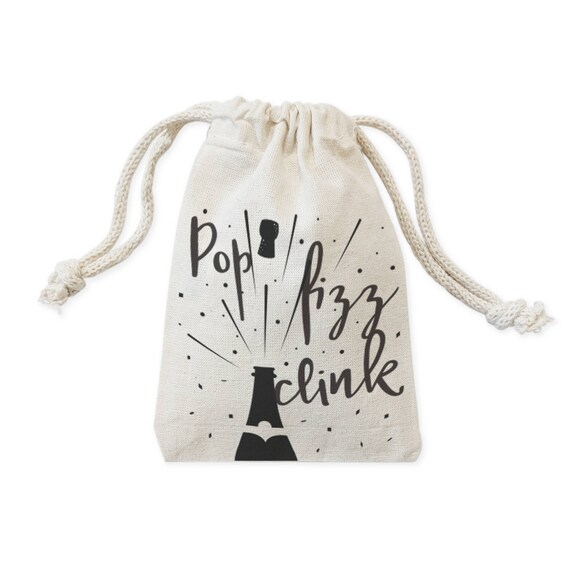Pop Fizz Clink!  Cotton Canvas New Year Party Favor Bags, Cookie, Candy and Holiday Treat Bag and Drawstring Pouch, Holiday, Gift, 6-Pack