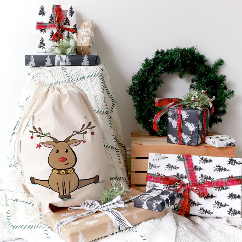 Reindeer Cotton Canvas Santa Sack for Presents, Gift Bag, Stocking Stuffers and Holiday Decorations, Christmas Gift, Holiday Gift, Cute Gift image 3