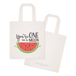 You're One in a Melon Cotton Canvas Reusable Grocery Bag and Farmers Market Tote Bag, Food Pun, Funny, Cute Women's Gift, Valentine's Day image 2
