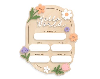 Wildflower Hello World Newborn Announcement Plaque, Baby Stats Sign for Hospital Photos, Birth Keepsake