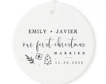 Our First Christmas Married with Name and Date Porcelain Ceramic Christmas Ornament, Wedding Ornament, Miss to Mrs., Couples Gift, Bride
