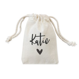 Personalized Name with Heart Cotton Canvas Wedding Party Favor Bags, Cookie, Candy and Treat Bag and Drawstring Pouch, Cute Bag, 6-Pack