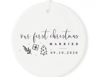 Our First Christmas Married with Date Porcelain Ceramic Christmas Ornament, Wedding Ornament, Miss to Mrs., Couples Gift, Bride and Groom