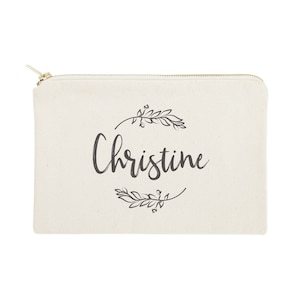 Personalized Name with Vine Cotton Canvas Cosmetic Bag and Travel Make Up Pouch - Bridesmaid Gift, Wedding Favor, Gifts for Her, Cute Gift