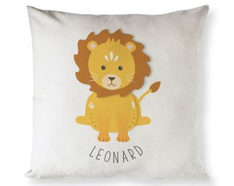 Personalized Lion Cotton Canvas Baby Pillow Cover, Pillowcase, Cushion Cover and Decorative Home Throw Pillow Cover, Kid's Room Decor, Gift