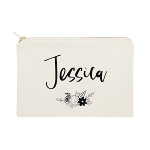 Personalized Name Floral Cotton Canvas  Cosmetic Bag and Travel Make Up Pouch - Bridesmaid Gift, Wedding Favor, Gifts for Her, Mothers Day