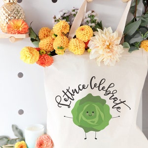 Lettuce Celebrate Cotton Canvas Reusable Grocery Bag and Farmers Market Tote Bag, Food Pun, Shopping, Women's Gift, Funny Gifts for Her image 3