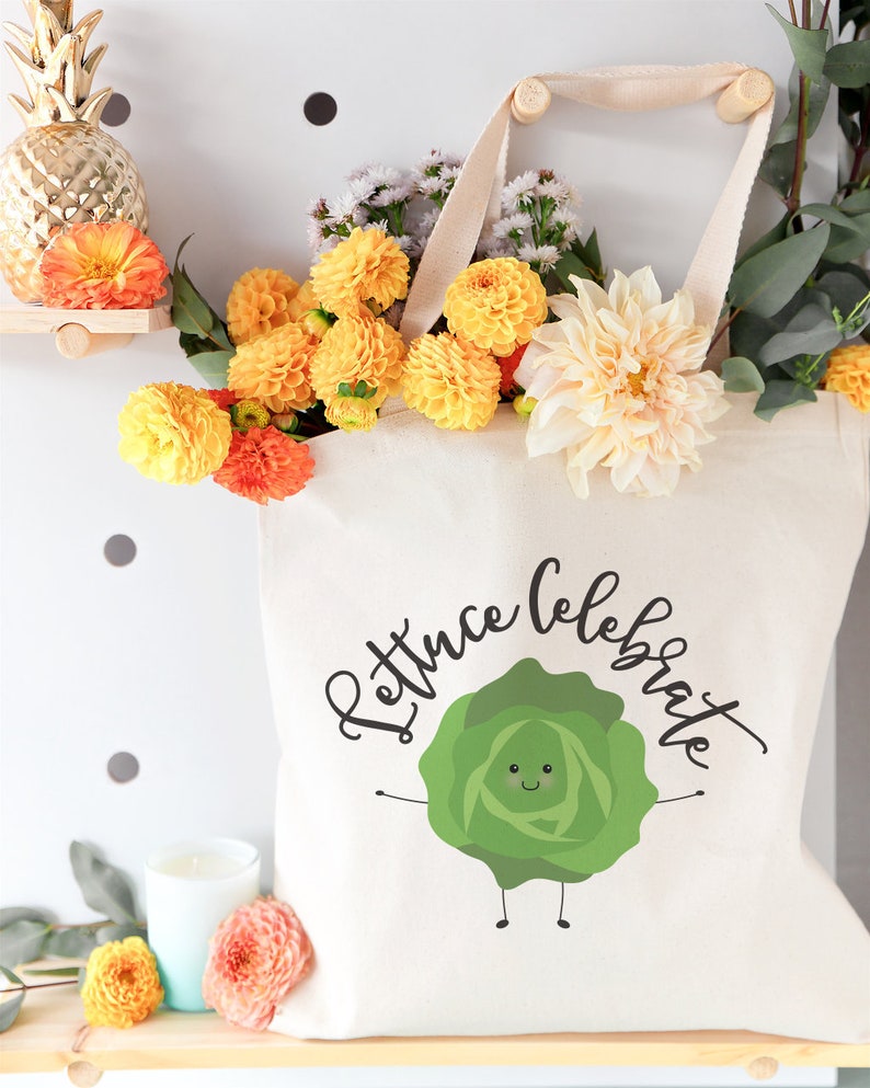 Lettuce Celebrate Cotton Canvas Reusable Grocery Bag and Farmers Market Tote Bag, Food Pun, Shopping, Women's Gift, Funny Gifts for Her image 3