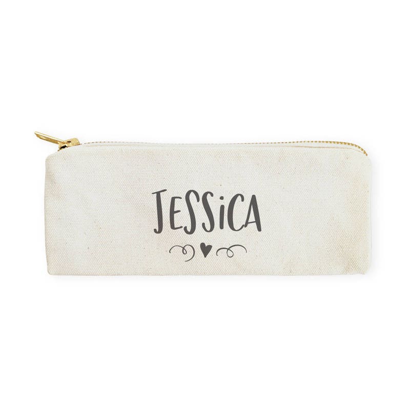 Personalized Name with Mini Heart Cotton Canvas Pencil Case and Travel Pouch for Back to School, Supplies, Gift for Her, Makeup Bag, Pouch image 1