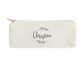 Personalized Name with Vine Cotton Canvas Pencil Case and Travel Pouch for Back to School, Supplies, Gift for Her, Makeup Bag and Gift Pouch