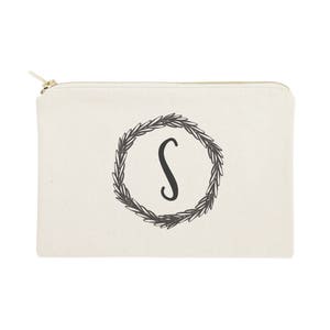 Personalized Monogram with Wreath Cotton Canvas Cosmetic Bag and Travel Make Up Pouch - Bridesmaid Gift, Wedding Favor, Gifts for Her, Gift