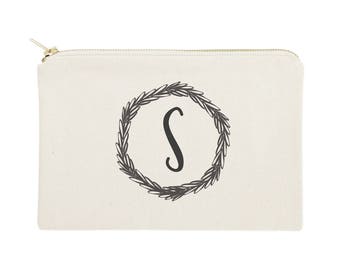 Personalized Monogram with Wreath Cotton Canvas Cosmetic Bag and Travel Make Up Pouch - Bridesmaid Gift, Wedding Favor, Gifts for Her, Gift