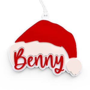 Personalized Santa Hat Acrylic Gift Tag, Christmas Gift Tag, Stocking Tag, Gift Tag, Holiday Basket Marker, For Kids, Custom Name, Ornament