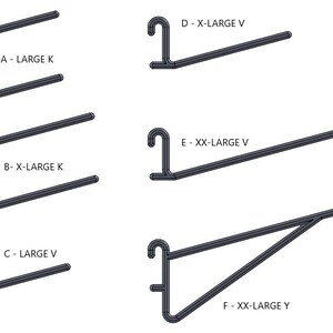 K&ouml;nnte beinhalten: Diagramm mit sechs verschiedenen Arten von Metall-Regalst&uuml;tzen. Die Halterungen sind mit den Buchstaben A bis F und Beschreibungen ihrer Gr&ouml;&szlig;e und Form gekennzeichnet. A - Large K, B - X-Large K, C - Large V, D - X-Large V, E - XX-Large V, F - XX-Large Y.
