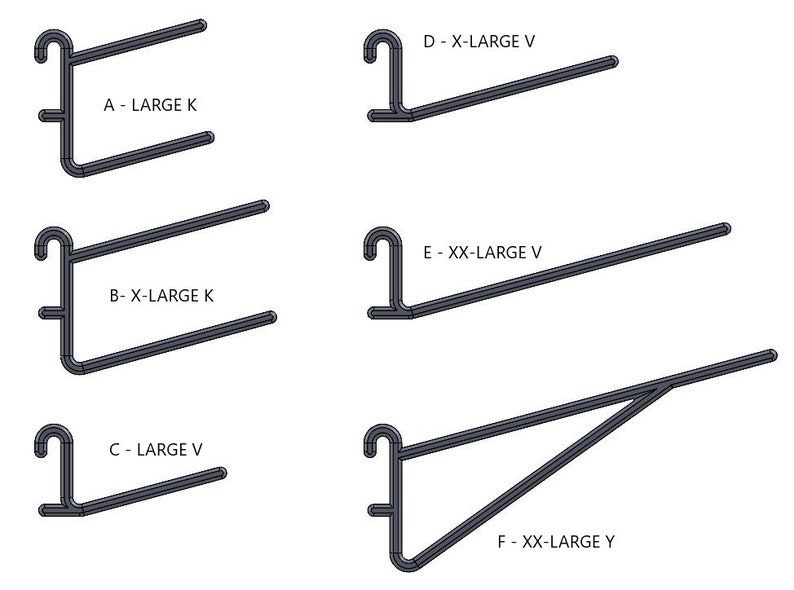 K&ouml;nnte beinhalten: Diagramm mit sechs verschiedenen Arten von Metall-Regalst&uuml;tzen. Die Halterungen sind mit den Buchstaben A bis F und Beschreibungen ihrer Gr&ouml;&szlig;e und Form gekennzeichnet. A - Large K, B - X-Large K, C - Large V, D - X-Large V, E - XX-Large V, F - XX-Large Y.