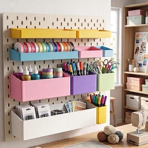 Pode incluir: Um painel perfurado bege de organização de parede com vários recipientes, prateleiras e ganchos de plástico coloridos. A unidade contém diversos materiais de artesanato, incluindo fitas, colas, marcadores, tesouras e pequenos itens embalados em recipientes amarelos, azuis, rosas, roxos e verdes.