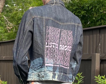 Dark Wash Denim Jean Jacket Upcycled - "Listen more"